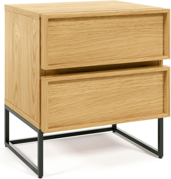 Sengebord Kave Home Taiana naturfinér med 2 skuffer og pulverlakerede metalben H51ÃB42ÃL45 cm